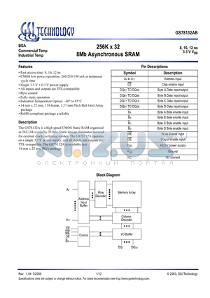 GS78132AGB-12 datasheet - 256K x 32 8Mb Asynchronous SRAM
