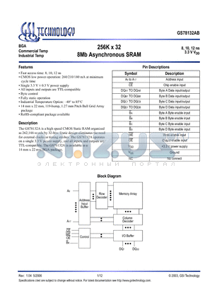 GS78132AGB-8 datasheet - 256K x 32 8Mb Asynchronous SRAM