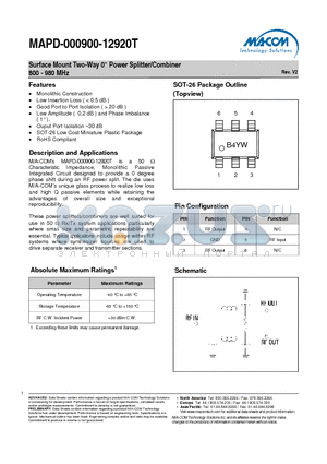 MAPD-000900-12920T datasheet - Surface Mount Two-Way Power Splitter/Combiner 800 - 980 MHz