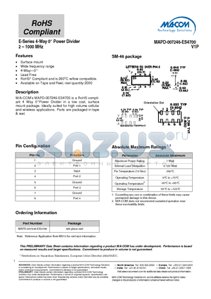 MAPD-007246-ES4700 datasheet - E-Series 4-Way Power Divider 2 - 1000 MHz