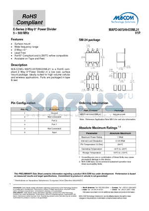 MAPD-007249-ESML21 datasheet - E-Series 2-Way Power Divider 5 - 500 MHz