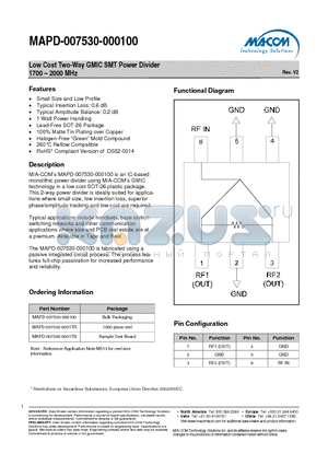 MAPD-007530-000100 datasheet - Low Cost Two-Way GMIC SMT Power Divider 1700 - 2000 MHz