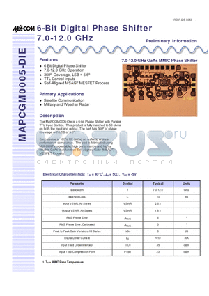 MAPCGM0005-DIE datasheet - 6-Bit Digital Phase Shifter 7.0-12.0 GHz