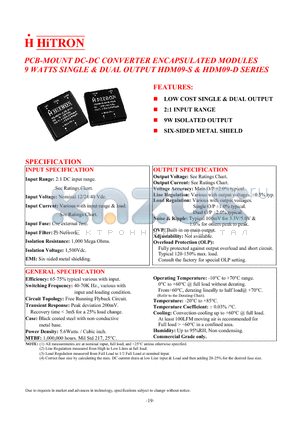 HDM09-12B-S05 datasheet - PCB-MOUNT DC-DC CONVERTER ENCAPSULATED MODULES 9 WATTS SINGLE & DUAL OUTPUT