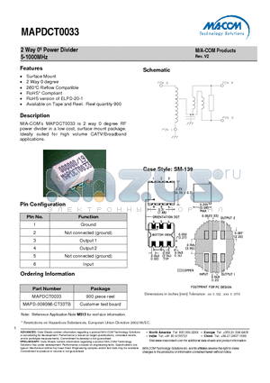 MAPD-008086-CT33TB datasheet - 2 Way 0j Power Divider 5-1000MHz