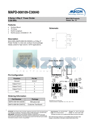 MAPD-008109-C30040 datasheet - E-Series 3-Way Power Divider 5-200 MHz