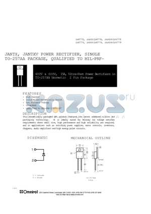 JANTXV1N6779 datasheet - 400V & 600V, 15A, Ultra-Fast Power Rectifiers in TO-257AA Hermetic 2 Pin Package