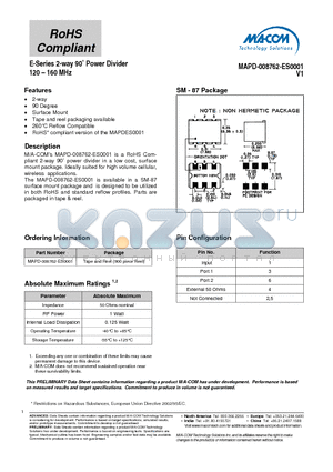 MAPD-008762-ES0001 datasheet - E-Series 2-way Power Divider 120 - 160 MHz