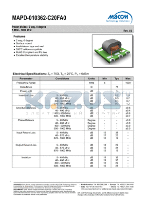 MAPD-010362-C20FA0 datasheet - Power divider, 2 way, 0 degree