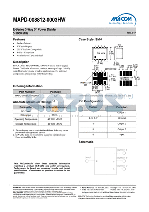 MAPD-008812-0003HW datasheet - E-Series 3-Way Power Divider 5-1000 MHz