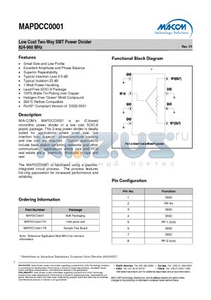 MAPDCC0001 datasheet - Low Cost Two-Way SMT Power Divider 824-960 MHz