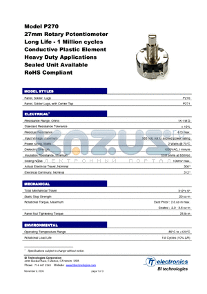 P270-DF12R20K datasheet - 27mm Rotary Potentiometer Long Life - 1 Million cycles Conductive Plastic Element Heavy Duty Applications Sealed Unit Available RoHS Compliant