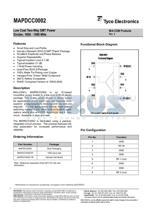 MAPDCC0002TR datasheet - Low Cost Two-Way SMT Power Divider, 1850-1990MHz