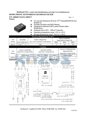 HR6013 datasheet - HOME PHONE NETWORKING BANDPASS FILTER