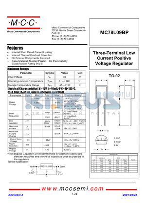 MC78L09BP datasheet - Three-Terminal Low Current Positive Voltage Regulator