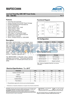 MAPDCC0006TR datasheet - Low Cost Three-Way GMIC SMT Power Divider, 1850 - 1990 MHz