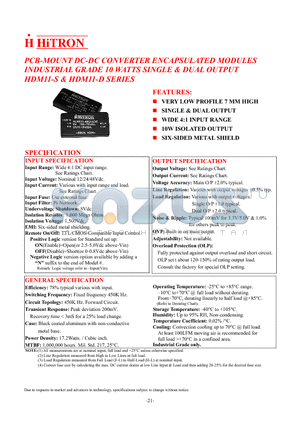 HDM11-12D-D15 datasheet - PCB-MOUNT DC-DC CONVERTER ENCAPSULATED MODULES INDUSTRIAL GRADE 10 WATTS SINGLE & DUAL OUTPUT