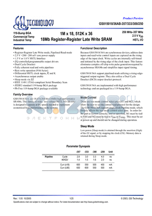 GS815036AGB-333I datasheet - 1M x 18, 512K x 36 18Mb Register-Register Late Write SRAM