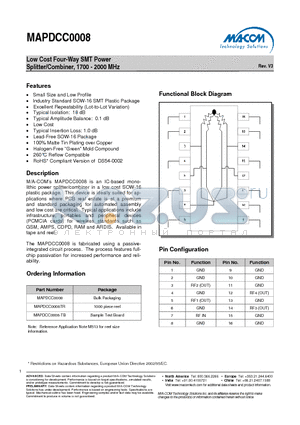 MAPDCC0008TR datasheet - Low Cost Four-Way SMT Power Splitter/Combiner, 1700 - 2000 MHz