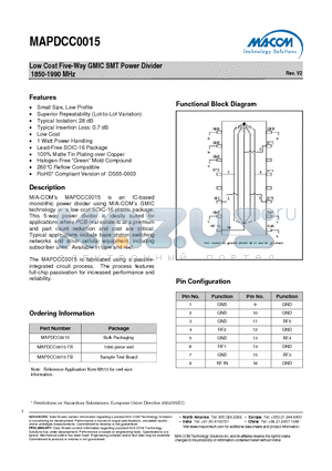 MAPDCC0015-TB datasheet - Low Cost Five-Way GMIC SMT Power Divider 1850-1990 MHz