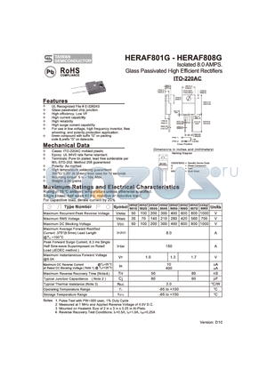 HRAF801G datasheet - Isolated 8.0 AMPS. Glass Passivated High Efficient Rectifiers