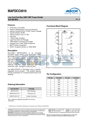 MAPDCC0016-TR datasheet - Low Cost Five-Way GMIC SMT Power Divider 824-896 MHz