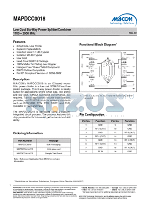 MAPDCC0018-TB datasheet - Low Cost Six-Way Power Splitter/Combiner 1700 - 2000 MHz