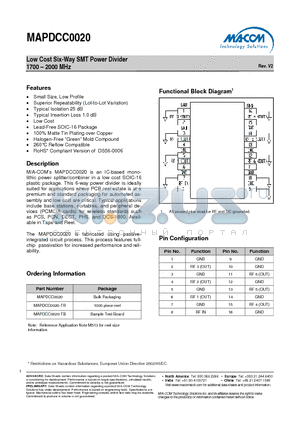 MAPDCC0020 datasheet - Low Cost Six-Way SMT Power Divider 1700 - 2000 MHz