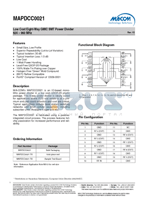 MAPDCC0021 datasheet - Low Cost Eight-Way GMIC SMT Power Divider 824 - 960 MHz