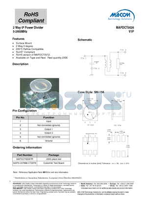 MAPDCT0026TR datasheet - 2 Way 0j Power Divider 5-2400MHz