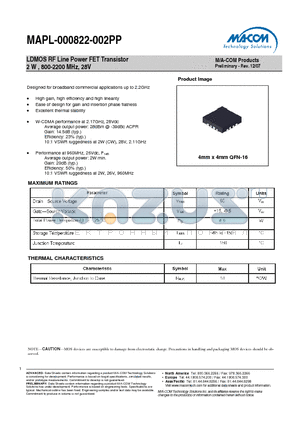 MAPL-000822-002PP datasheet - LDMOS RF Line Power FET Transistor 2 W , 800-2200 MHz, 28V