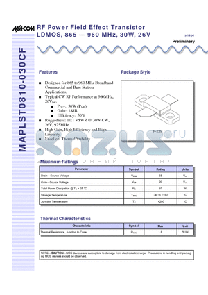 MAPLST0810-030CF datasheet - RF Power Field Effect Transistor LDMOS, 865 - 960 MHz, 30W, 26V
