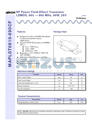 MAPLST0810-090CF-05-2004 datasheet - RF Power Field Effect Transistor LDMOS, 865 - 960 MHz, 90W, 26V