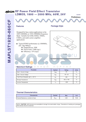 MAPLST1820-060CF datasheet - RF Power Field Effect Transistor LDMOS, 1800 - 2000 MHz, 60W, 26V