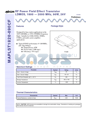 MAPLST1820-090CF datasheet - RF Power Field Effect Transistor LDMOS, 1800 - 2000 MHz, 90W, 26V