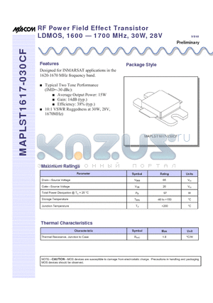 MAPLST1617-030CF datasheet - RF Power Field Effect Transistor LDMOS, 1600 - 1700 MHz, 30W, 28V