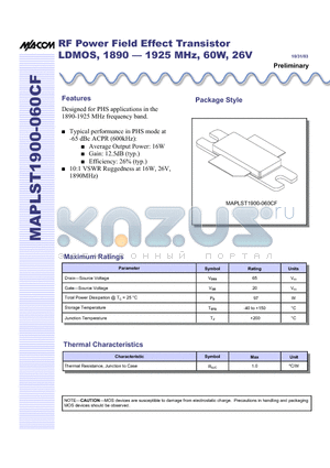 MAPLST1900-060CF datasheet - RF Power Field Effect Transistor LDMOS, 1890 - 1925 MHz, 60W, 26V