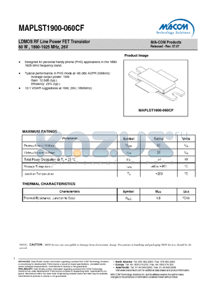 MAPLST1900-060CF datasheet - LDMOS RF Line Power FET Transistor 60 W , 1890-1925 MHz, 26V