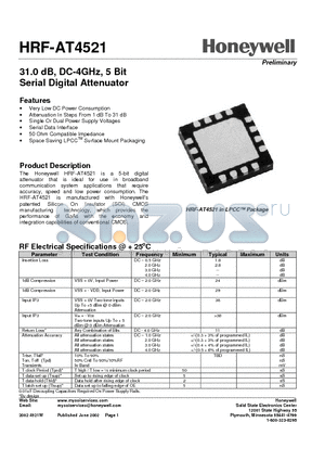 HRF-AT4521-B datasheet - 31.0 dB, DC-4GHz, 5 Bit Serial Digital Attenuator