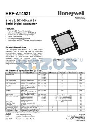 HRF-AT4521-E datasheet - 31.0 dB, DC-4GHz, 5 Bit Serial Digital Attenuator
