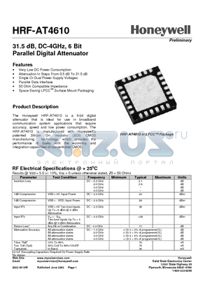 HRF-AT4610-E datasheet - 31.5 dB, DC-4GHz, 6 Bit Parallel Digital Attenuator