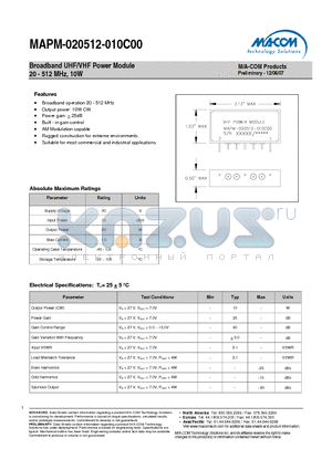 MAPM-020512-010C00 datasheet - Broadband UHF/VHF Power Module 20 - 512 MHz, 10W