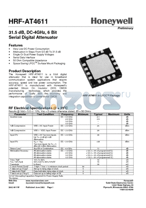 HRF-AT4611-B datasheet - 31.5 dB, DC-4GHz, 6 Bit Serial Digital Attenuator