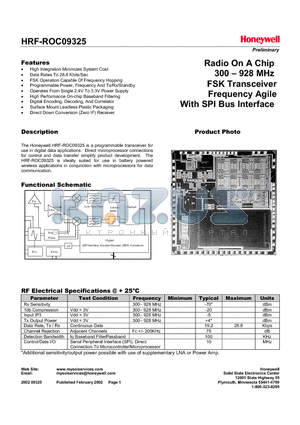 HRF-ROC09325-T datasheet - Radio On A Chip 300 - 928 MHz FSK Transceiver Frequency Agile With SPI Bus Interface