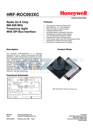 HRF-ROC093XC datasheet - Radio On A Chip 860-928 MHz Frequency Agile With SPI Bus Interface