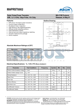 MAPRST0002 datasheet - Radar Pulsed Power Transistor 50W, 1.2-1.4 GHz, 150ls Pulse, 10% Duty