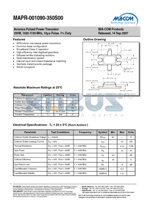 MAPR-001090-350S00 datasheet - Avionics Pulsed Power Transistor 350W, 1025-1150 MHz, 10ls Pulse, 1% Duty
