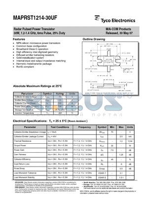 MAPRST1214-30UF datasheet - Radar Pulsed Power Transistor 30W, 1.2-1.4 GHz, 6ms Pulse, 25% Duty