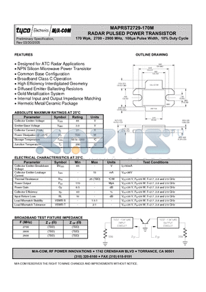 MAPRST2729-170M datasheet - RADAR PULSED POWER TRANSISTOR