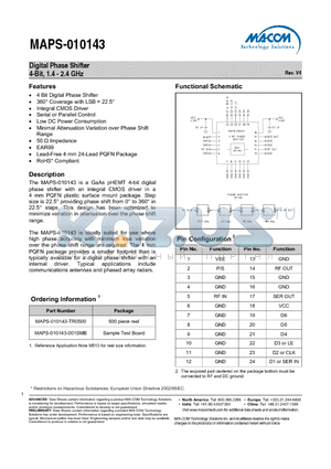 MAPS-010143-TR0500 datasheet - Digital Phase Shifter 4-Bit, 1.4 - 2.4 GHz